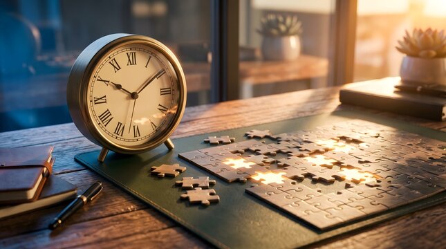 Vintage round alarm clock with roman numerals sitting on a wooden desk next to a jigsaw puzzle in a cozy warm office setting with soft sunlight streaming through the window during the day