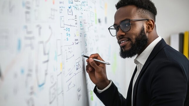 A Black man is leaning over a whiteboard covered in complex diagrams and equations. He is wearing glasses and a dark suit jacket.