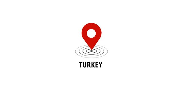 Animated turkey country location map pin with pulsing radar effect on white background, for travel tourism, logistics and global, positioning system navigation digital