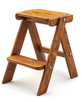 Wooden Step Stool: A rustic wooden step stool, crafted from rich, warm-toned timber, stands ready for use.