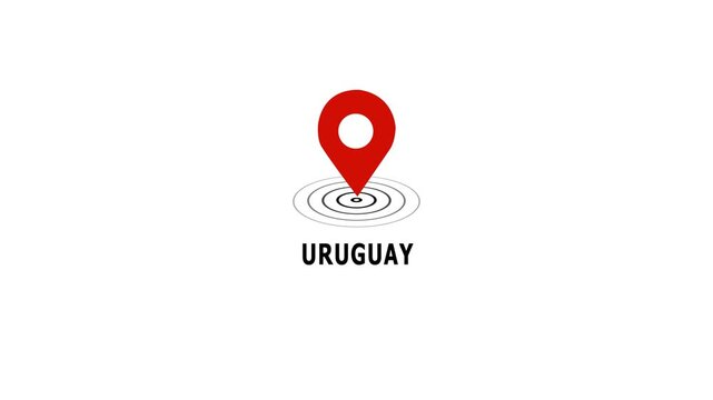 Animated red map location pin marker pulsing over uruguay country name text isolated on clean white background, for travel navigation, and geographic digital marketing