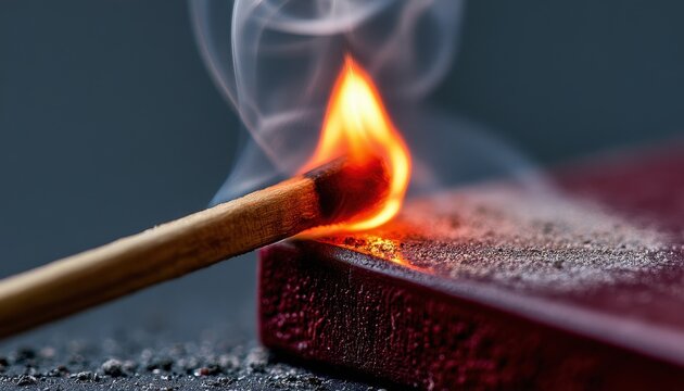 Matchstick igniting and striking against red phosphorus surface with dramatic smoke trails in macro focus for conceptual advertising