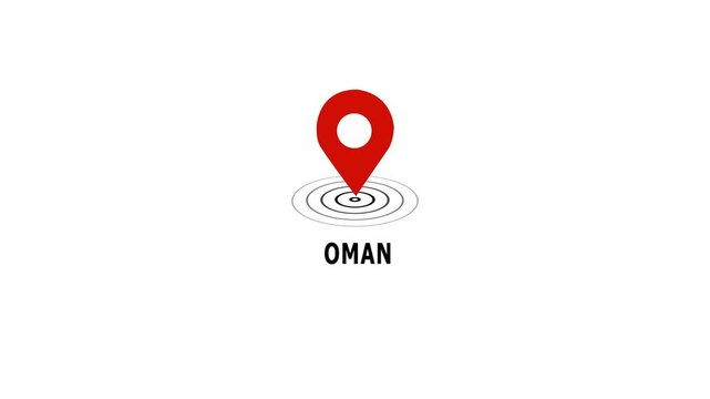 Animated red map location pin pulsing over oman text label on clean white background, minimalist geographic navigation for travel, tourism, business, and logistics