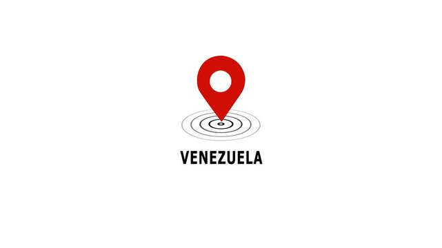 Animated red map pin marker pointing to venezuela country name on clean white background, for travel navigation, global logistics, geographic, location tracking, and