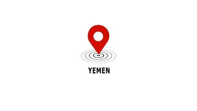 Animated red map location pin pulsing over the country name yemen isolated on a clean white background, travel documentaries news, broadcasts and global geographic