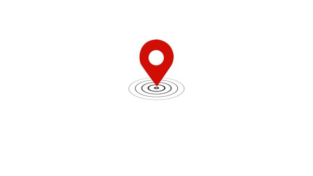 Animated red map location pin with pulsing radar circles on a clean white background, for digital navigation, global positioning systems, travel apps, and interactive