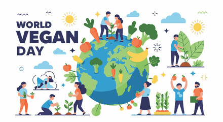 Naklejka premium Vegan people celebrating World Vegan Day with colorful earth illustration in vibrant playful lighting for social media
