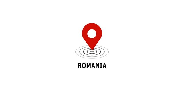 Animated red map pin location marker pointing to romania with pulsing radar circles for travel navigation, geographic mapping, global logistics, and digital