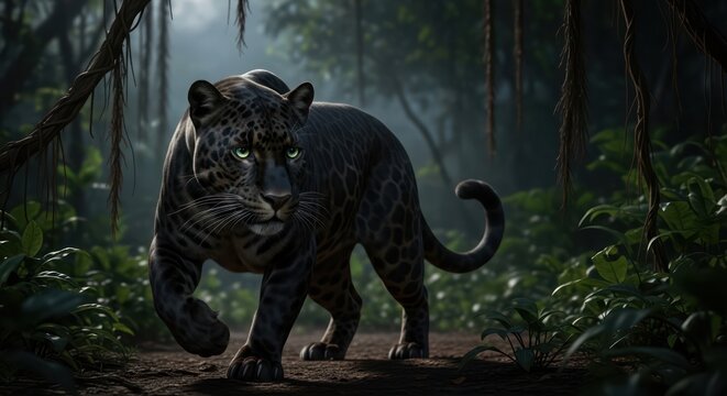 Black Jaguar Walking in Dark Tropical Rainforest.
