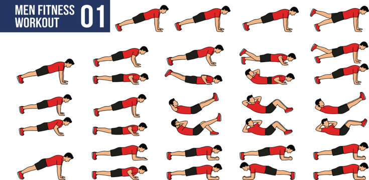 Men Fitness Workout Exercise Sequence Vector Set Featuring Pushups Planks Crunches and Leg Raises for Bodyweight Training Infographics Gym Posters and Health Apps