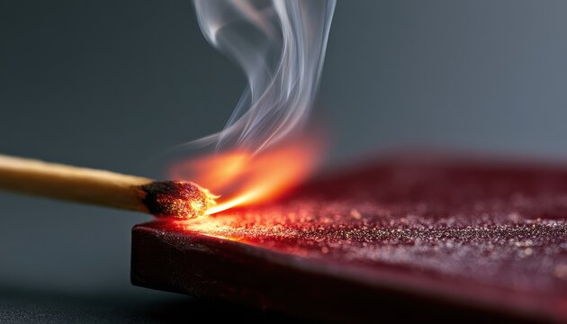 Striking matchstick creates fire spark and smoke on matchbox striker macro photography for conceptual advertising