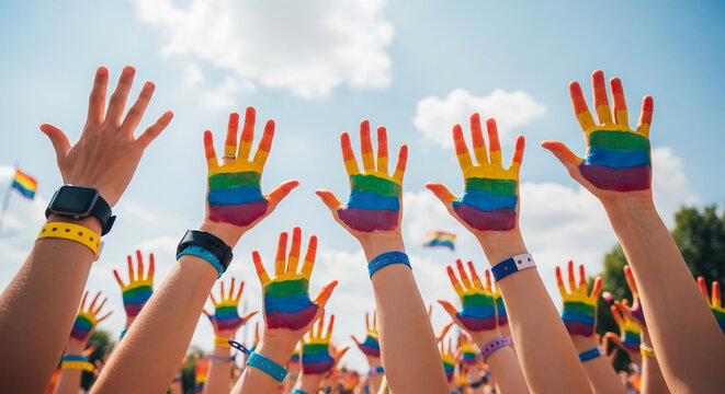Hands painted with rainbow colors are raised against a blue sky, symbolizing LGBTQ+ pride and community, representative of a celebration or event