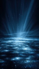 Obraz premium Ethereal blue light rays shining through a sparkling, starry ocean surface creating a magical and futuristic atmosphere in a dark, immersive environment