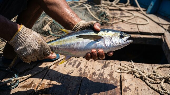 Freshly caught Yellowfin tuna held by fisherman on boat, commercial shot of raw fish scales and texture in Pacific islands