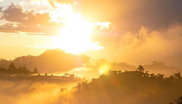 Golden hour sunrise over rolling hills, sunbeams breaking through misty clouds, warm atmospheric light, serene landscape, inspiring nature, golden sky