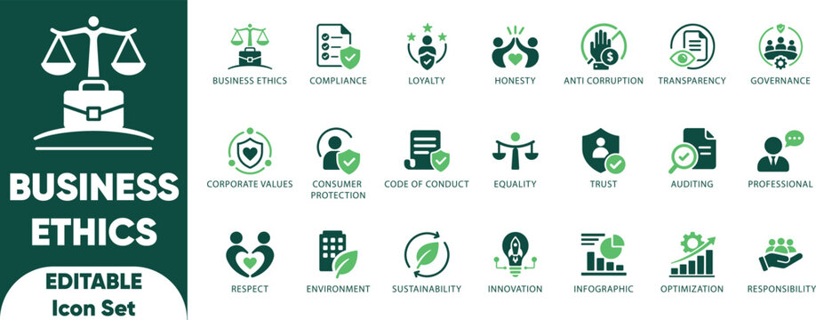 Business ethics icon set. Compliance, fairness, auditing, integrity, loyalty, trust, equality, and solid icons.