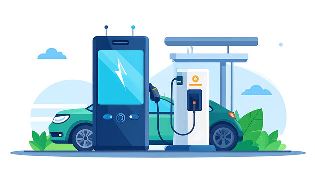 Electric car charging at a modern station with a large digital screen displaying energy symbols, futuristic transport concept