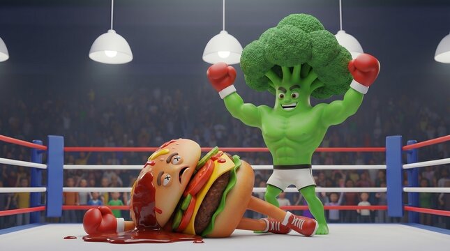 Burger collapsed on canvas after punch, broccoli standing victorious ringside, dramatic lighting and shocked crowd, gloves scattered on mat, comical yet cinematic animated moment with sports energy