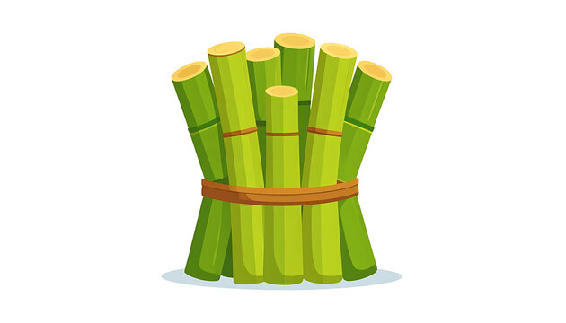 Bundle of fresh green sugarcane stalks tied with a rough twine band, isolated on a clean white background, representing natural sweetness and agriculture