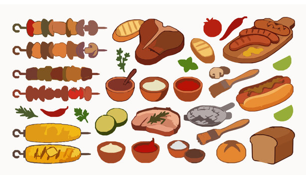 Barbecue food vector set grilled meat skewers vegetables illustration