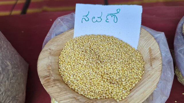 Closeup view of foxtail grain displayed at krishi mela showcasing fine grains