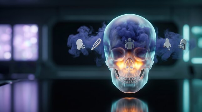 A brain with fog and sinus pressure inside a glowing glass head, cold and flu symptoms