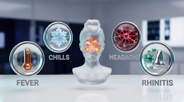 A sinusitis symptoms poster with a glowing medical icons and glass bust, cold and flu symptoms