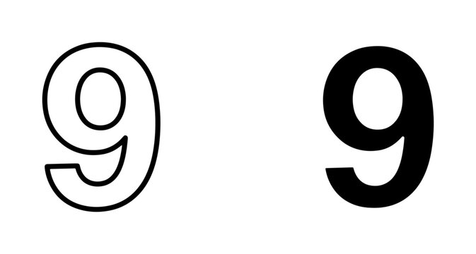 Number 9, Digit Nine, Outline and Solid Black, Vector Graphics for Counting and Education