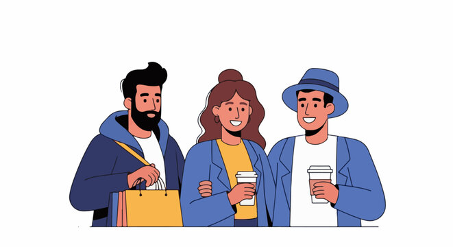 Three friends casually dressed, two holding coffee, one with shopping bags