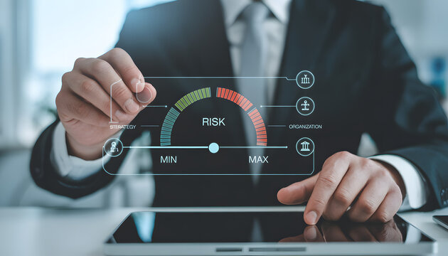 Businessman assessing risk level on holographic dashboard with gauge and tablet.