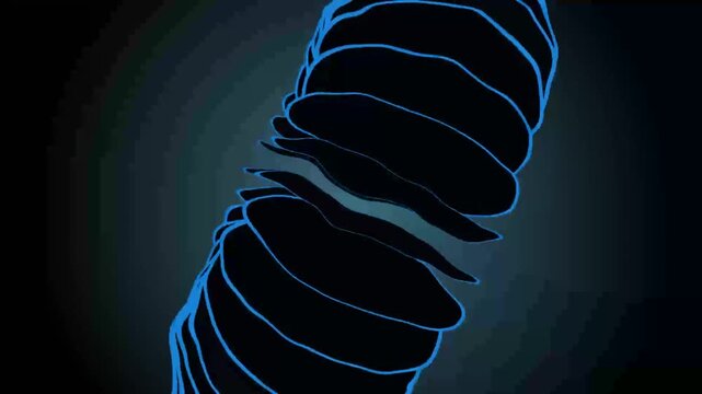 Abstract looping rotating figure consisting on a dark background. Three-dimensional animated geometry in the form of a circule in an abstract form.