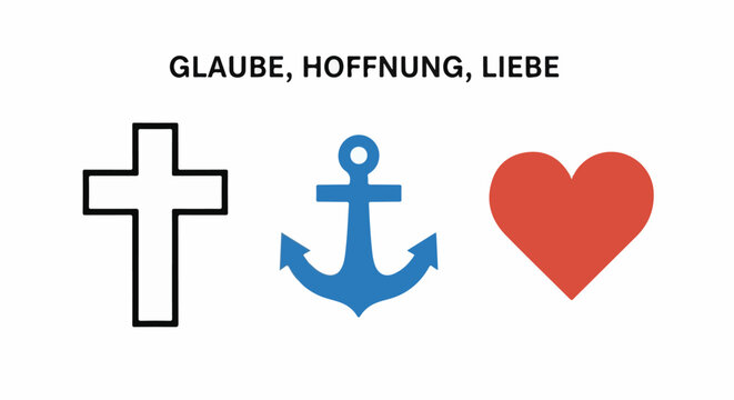 Three iconic symbols - cross, anchor, and heart - representing faith, hope, and love