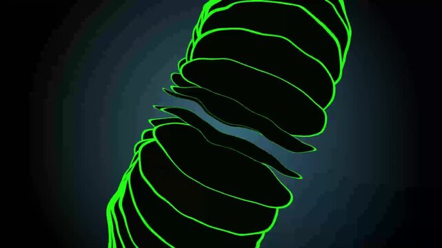 Abstract looping rotating figure consisting on a dark background. Three-dimensional animated geometry in the form of a circule in an abstract form.