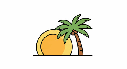Obraz premium Stylized tropical sun behind a palm tree with coconuts on white background