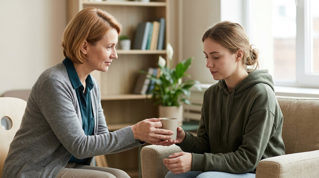 Mature woman offering a cup of tea to a sad young girl. Supportive mother comforting her daughter at home