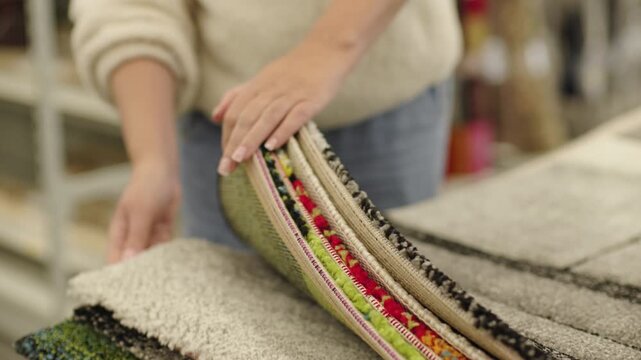 Woman examining colorful carpet and rug samples in home decor store while choosing flooring materials