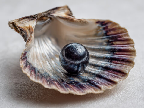 A single dark shiny pearl rests inside an open scallop shell displaying intricate natural textures and subtle purple hues on a soft neutral background