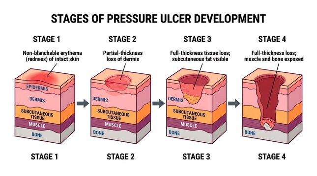Pressure Ulcer Stages Cross-Section Diagram for Medical Education