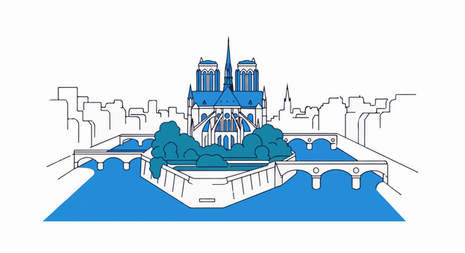 Stylized Parisian cityscape featuring iconic cathedral, bridges, and river