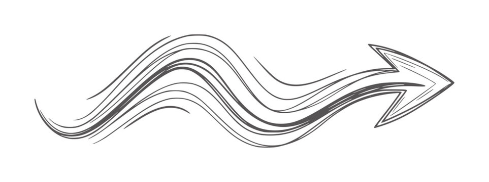 Hand drawn dark grey wavy arrow pointing right white direction