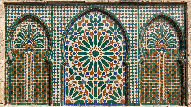 Intricate Moroccan zellige tile mosaic with geometric and floral patterns in vibrant colors