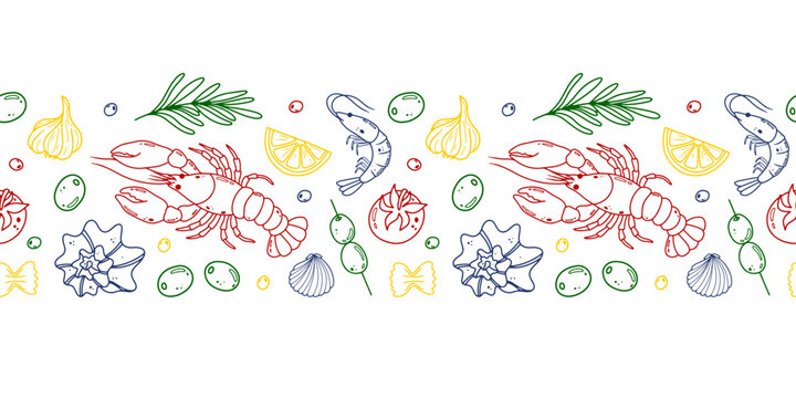 Mediterranean food repeated border with seafood, tomatoes, olives, lemons and herbs on white background. Italian coastal cuisine tape. Flat vector illustration.