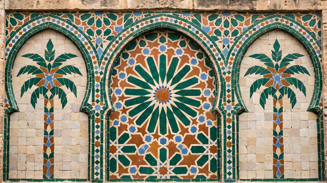 Intricate Moroccan zellige tile mosaic with palm tree motifs in arched architectural design