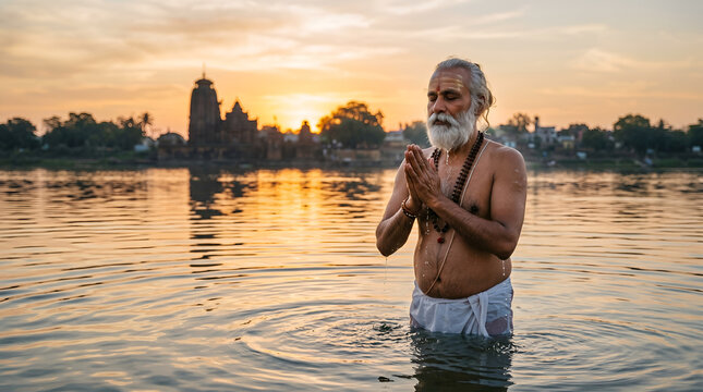Ganga Dussehra, an old man in white dhoti standing in the river water with his hands raised in prayer, Ai generated images