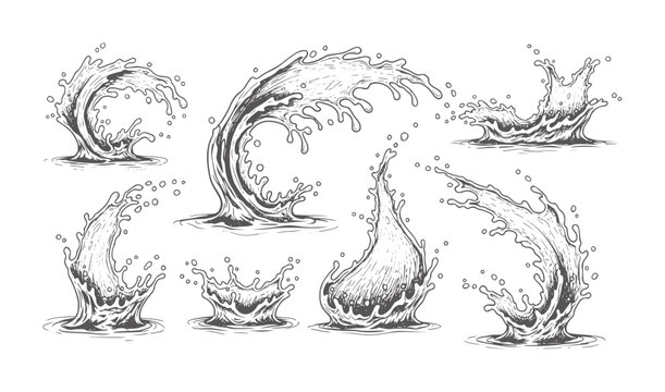Monochrome hand drawn water splash with various dynamic wave shapes waves handdrawn