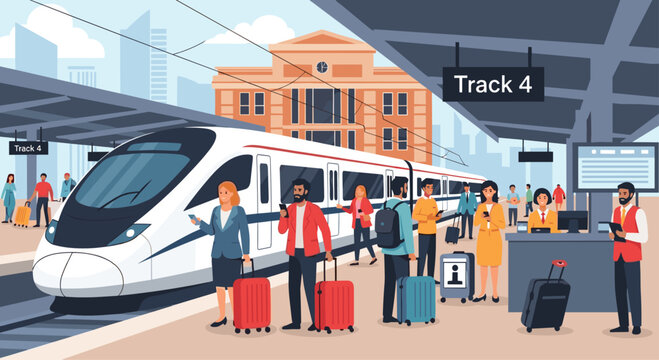 Passengers with luggage wait on a train station platform as a modern high-speed electric train arrives at the track.
