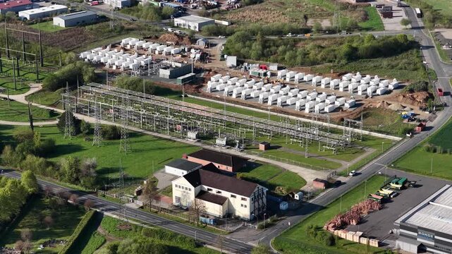 Aerial View of 110 kV Substation with Battery Storage Construction Site &ndash; Renewable Energy Storage, Grid Stabilization and Energy Transition Infrastructure