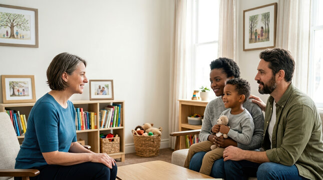 Family meeting with a professional counselor in a bright office. Diverse parents and child talking to a therapist. Mental health support and guidance concept