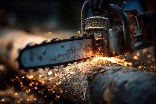 Sparks flying as a person uses a chainsaw to cut through a thick tree trunk in an outdoor logging or woodworking scene during golden hour sunlight