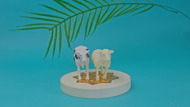 Miniature cow and sheep figures on geometric Islamic star pedestal against blue background
